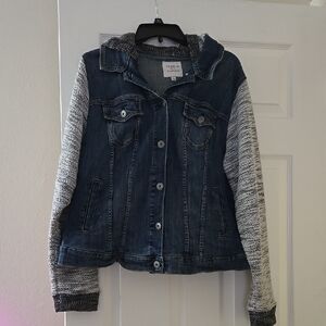 Denim Jacket with Knit Sleeves